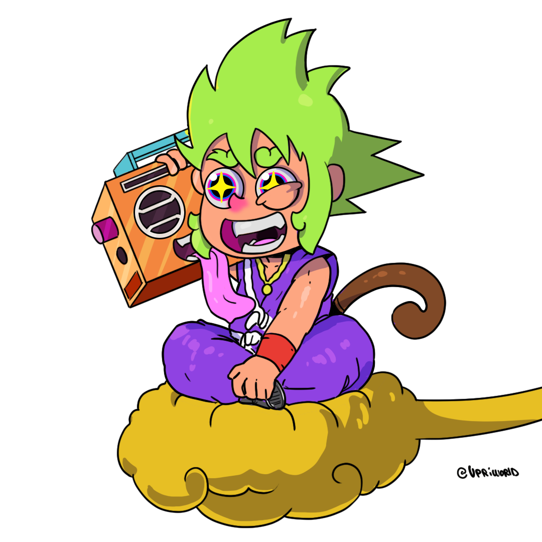 Uprijon character sitting on a yellow cloud